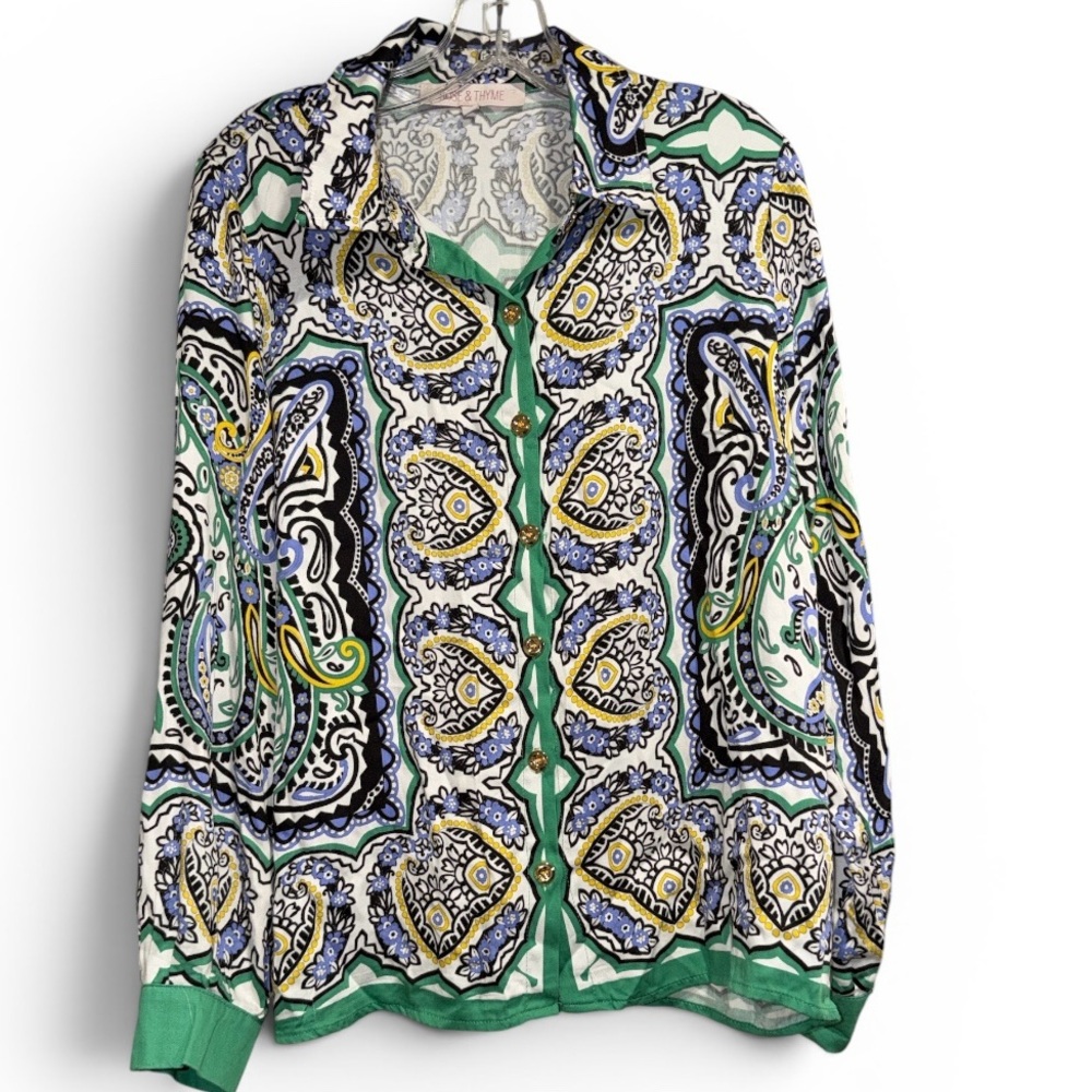 Rose & Thyme Floral Paisley Button-Up Blouse in White,Green & Blue. Gently loved